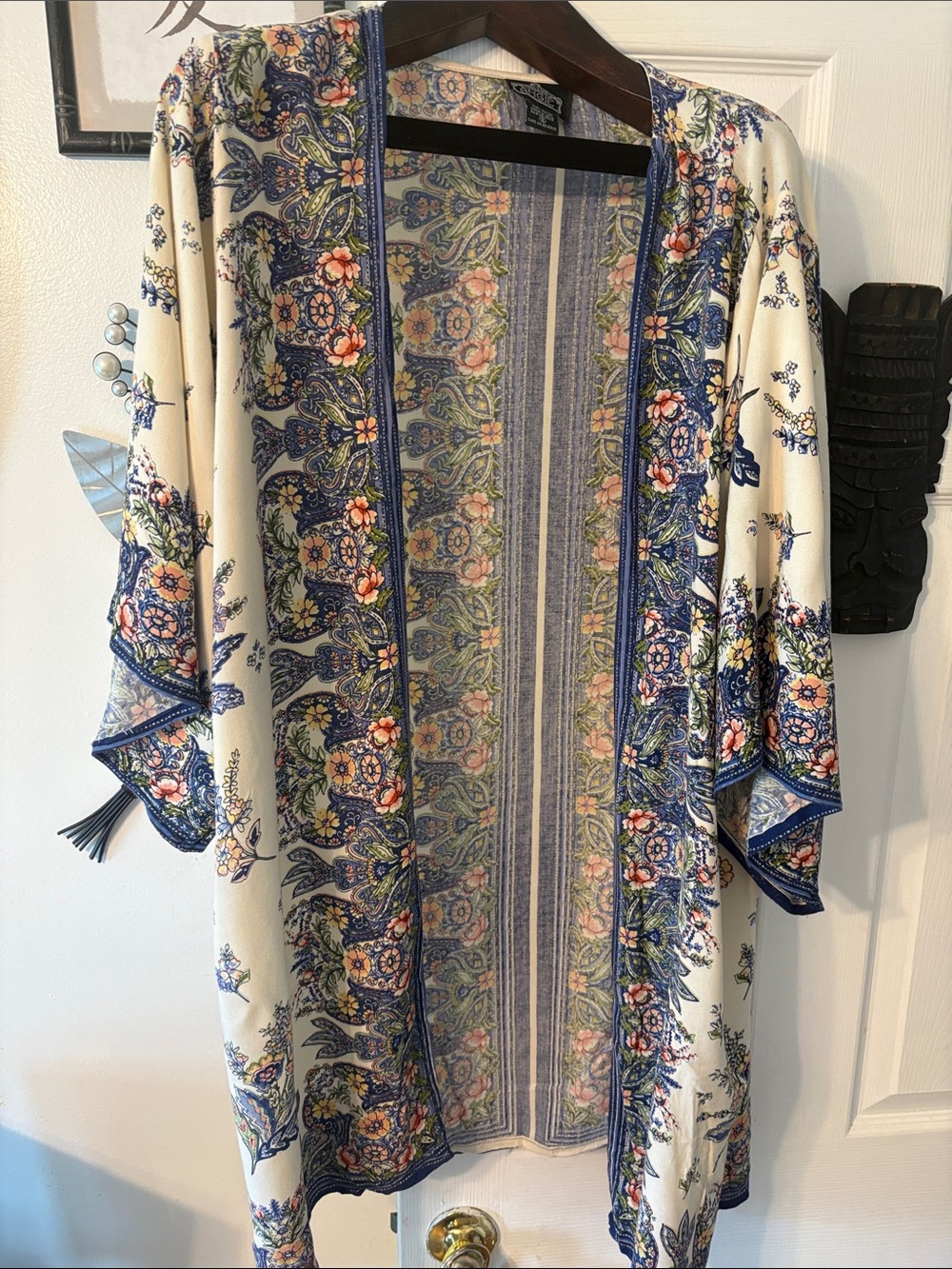 Angie Floral Open-Front Kimono in Cream, Blue and Pink